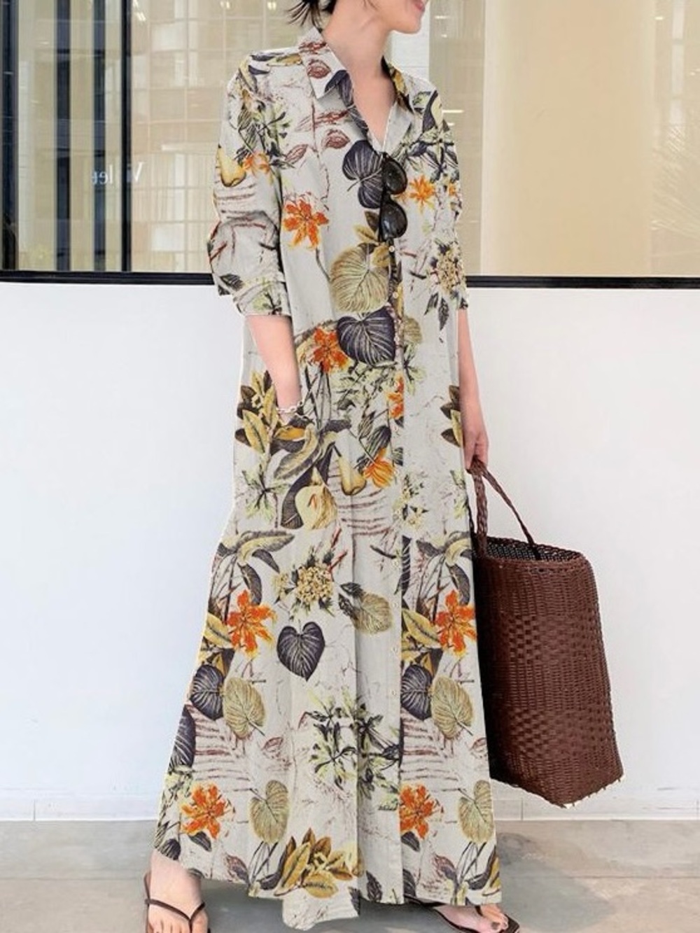 Rosa Clothing Button-Front Maxi Dress in Beige with Orange Floral size S NWT